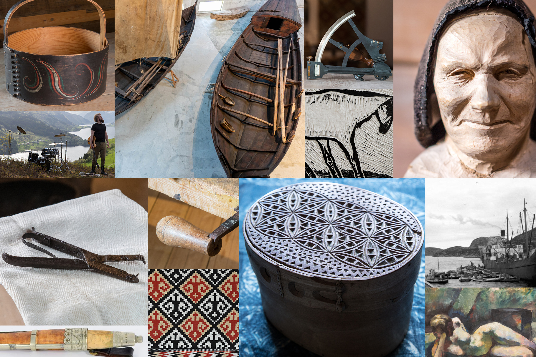 Collage av bilder av gjenstandar, kunst, treskjæring, verktøy.