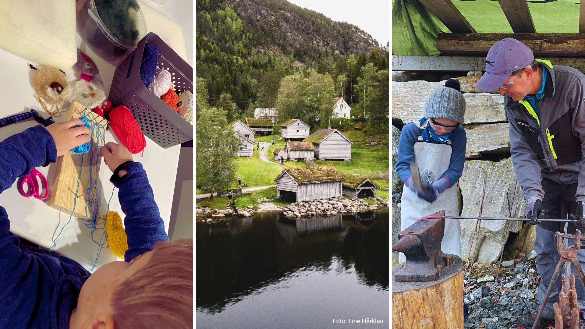 Bildecollage av tre bileter. Barn som vevar, friluftsmuseet og gut som smir.