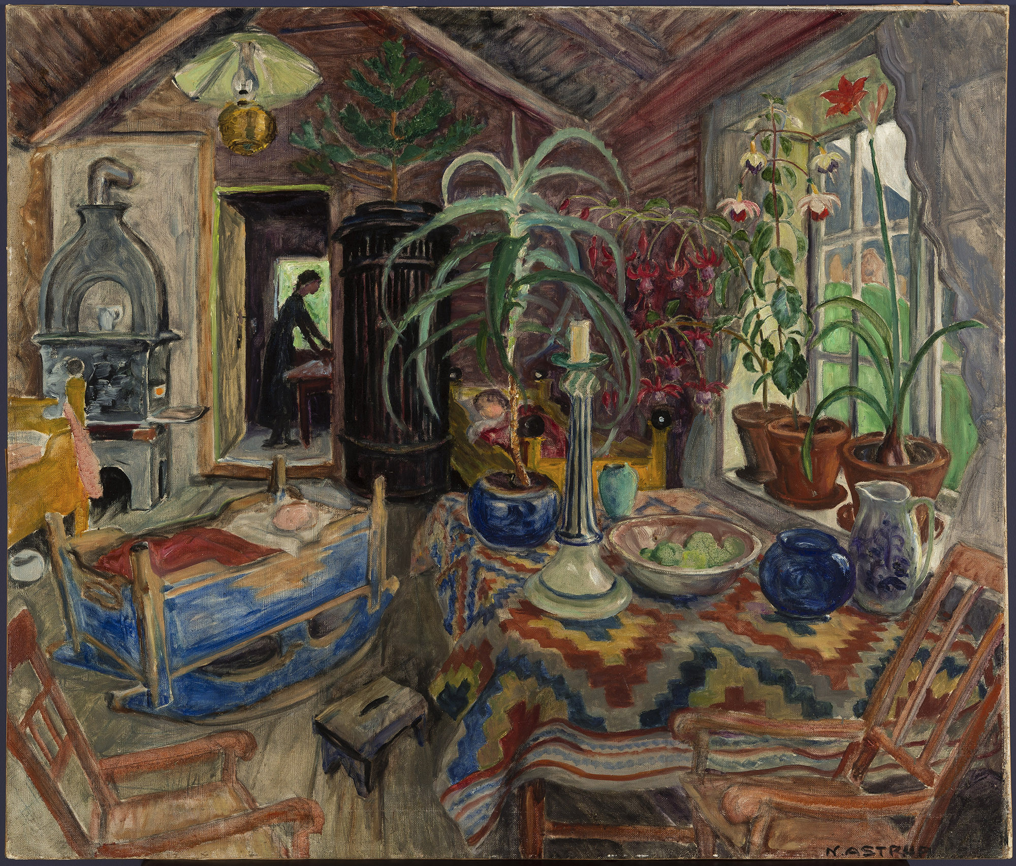 Oil painting from inside traditional building with colorful flowers and tablecloth, children sleeping in bed and cradle.