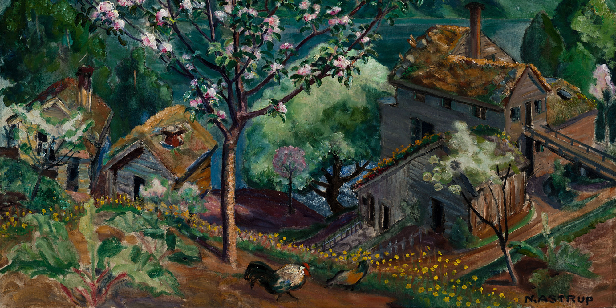 Colorful oil painting of an apple tree with pink flowers in front of Astrups homestead, lake and mountains in Background.