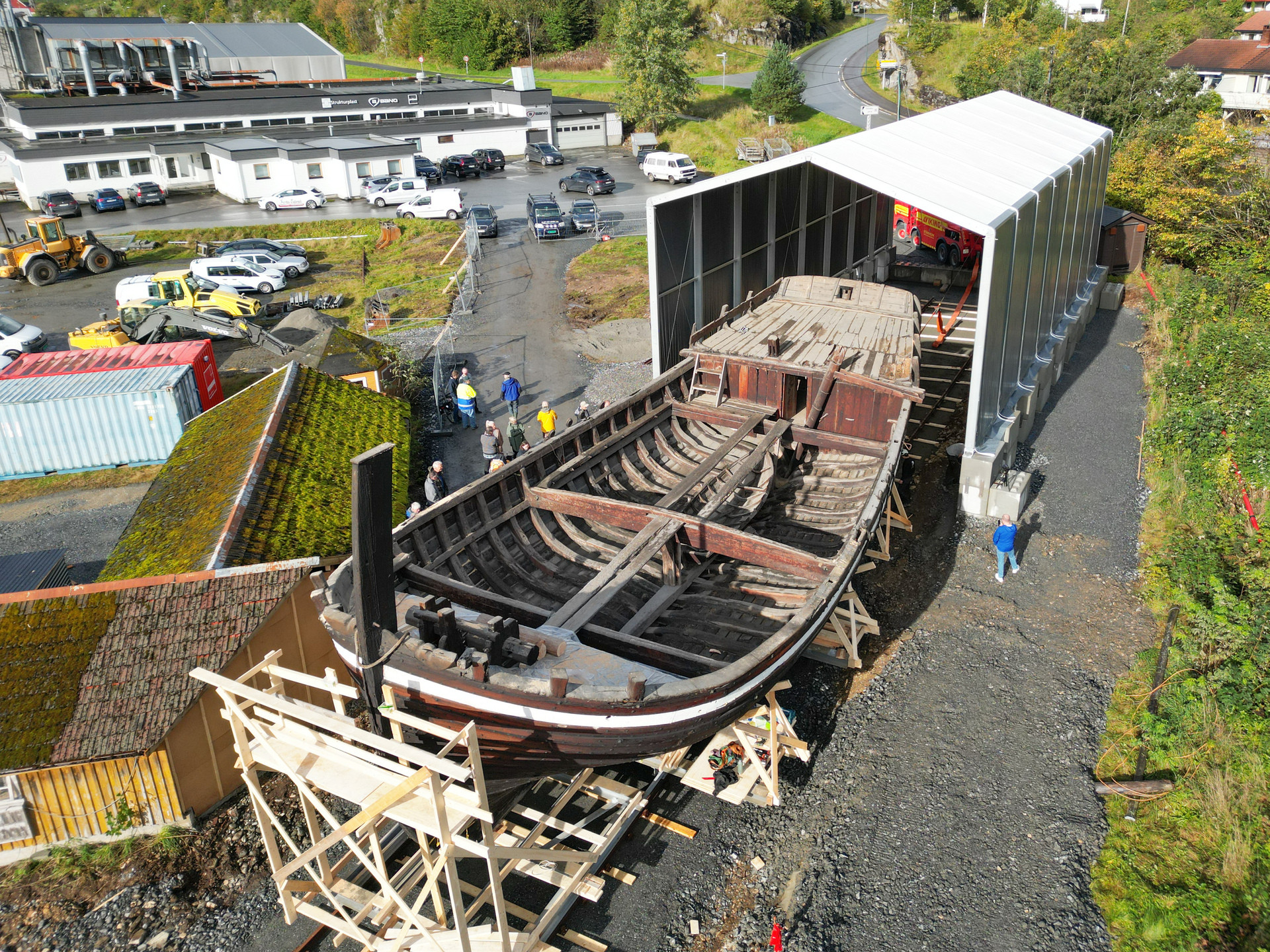 Dronphoto of old wooden boat.