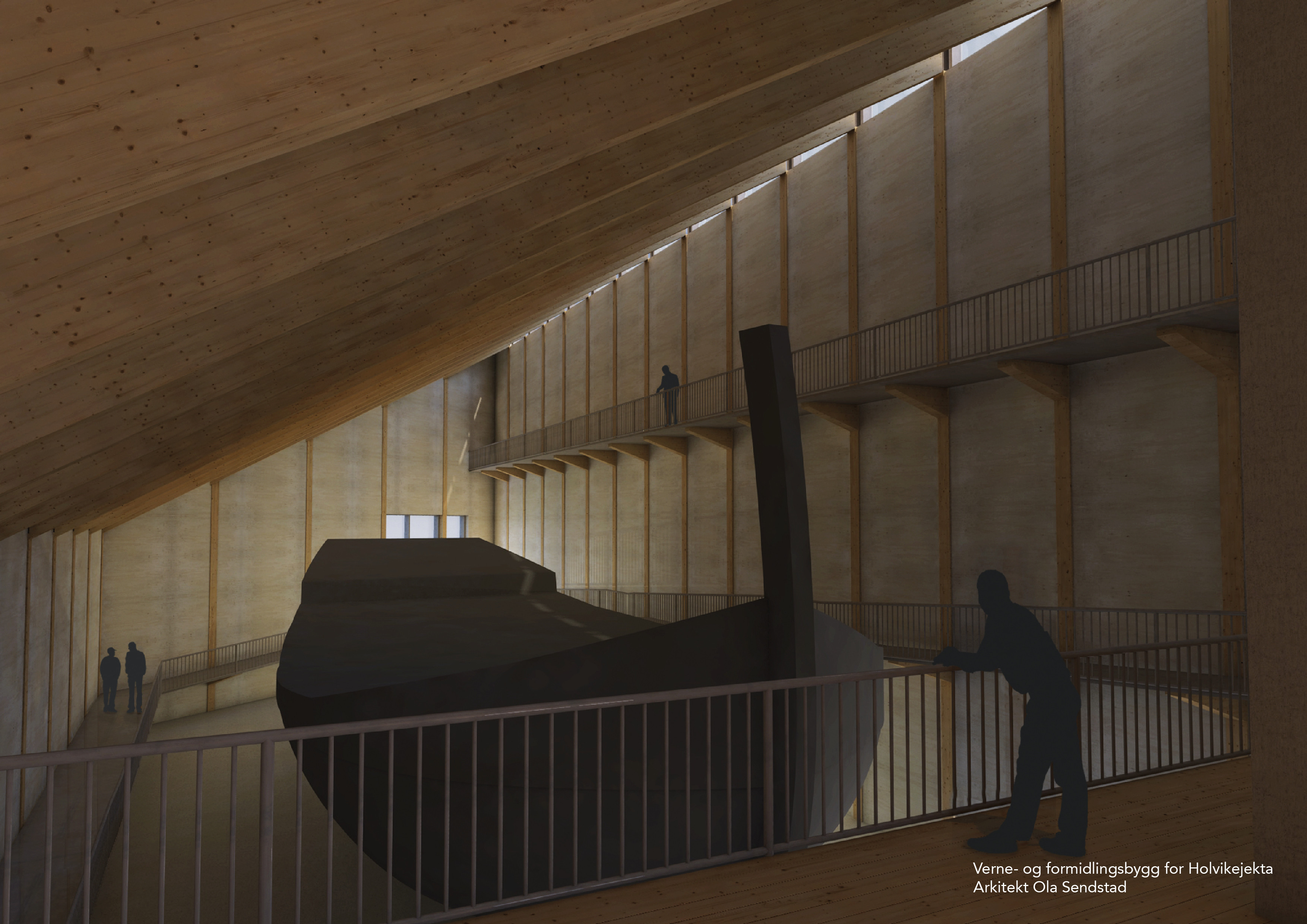 Illustration of Holvikejekta in a museum surrounded by mezzanine.