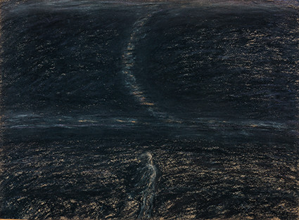 Lonely figure in a dark, barren landscape.