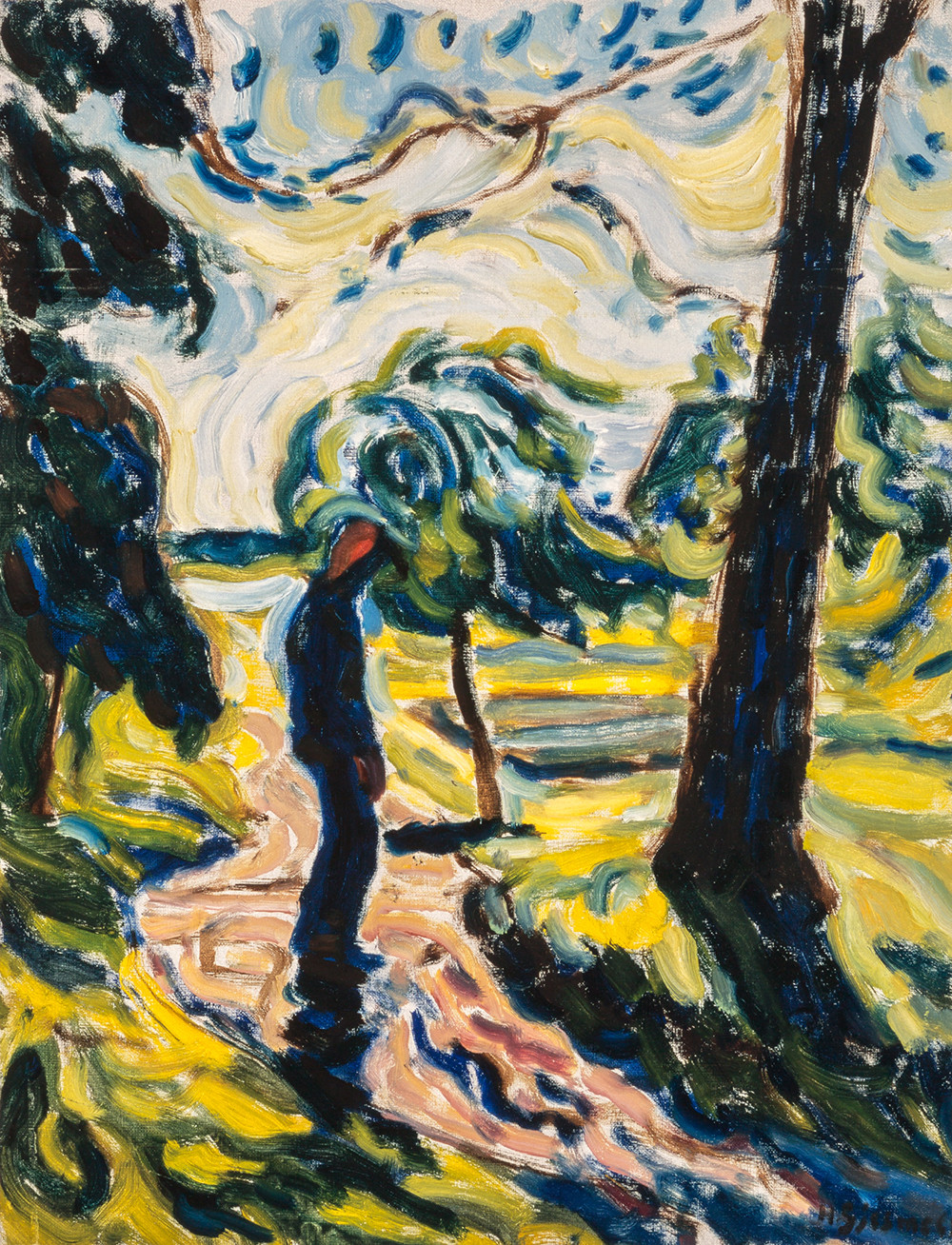 Painting in strong, colorful strokes of man on a path with a windy tree.