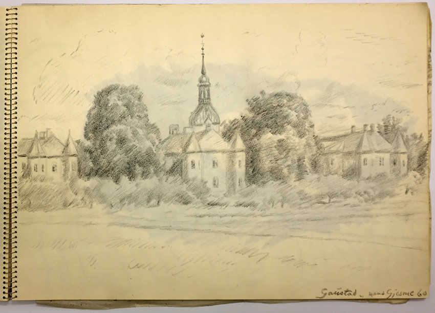 Pencil sketch of the buildings at Gaustad hospital.
