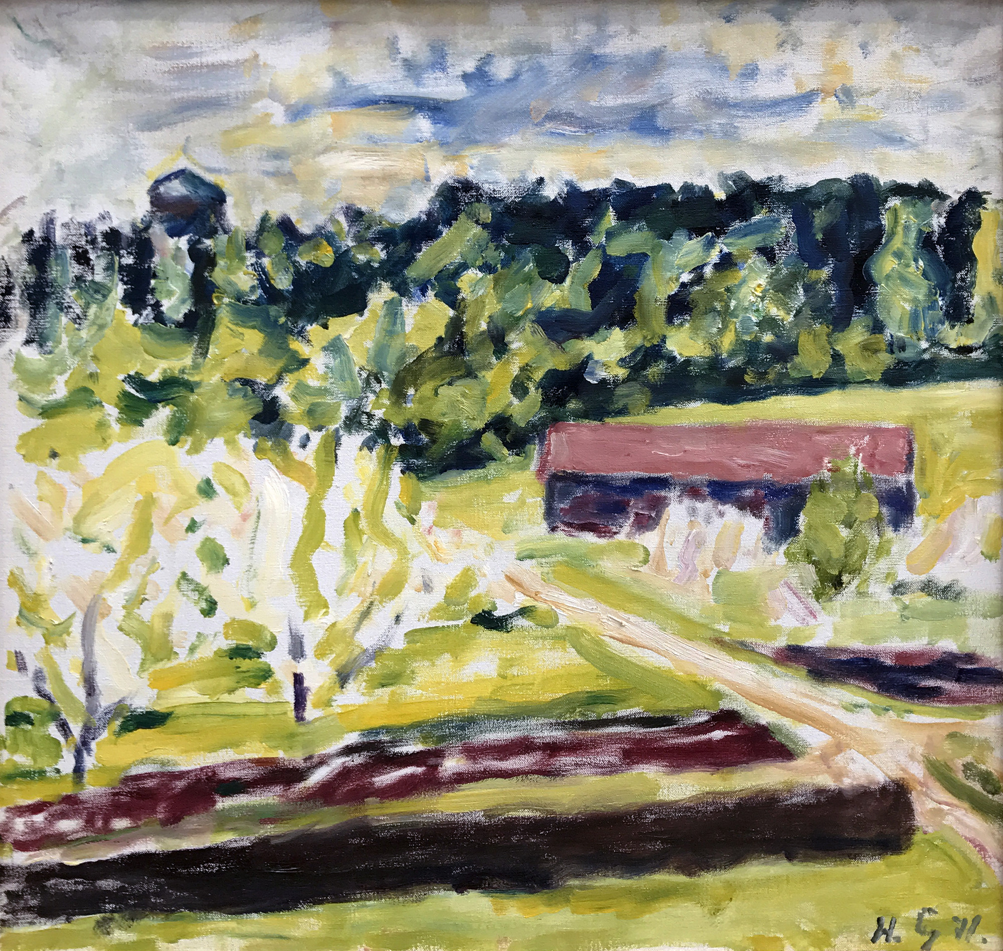 Landscape painting of fields, orchards, a barn and a forest.