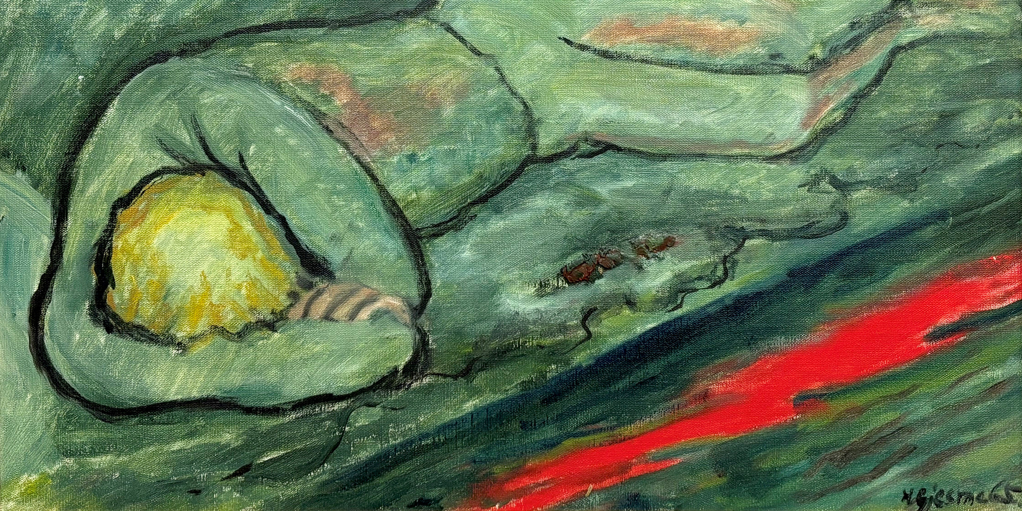 Greenish painting of man lying on a bench, folding arms aorund head in depression.