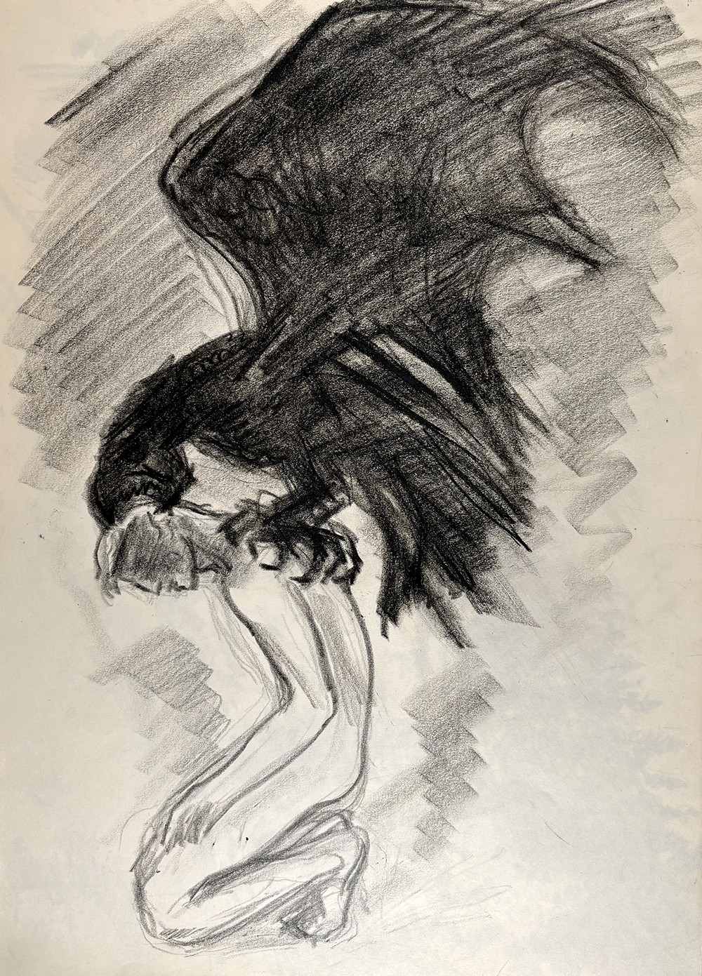 Drawing of naked man with a grotesque monster with wings and claws on his back.