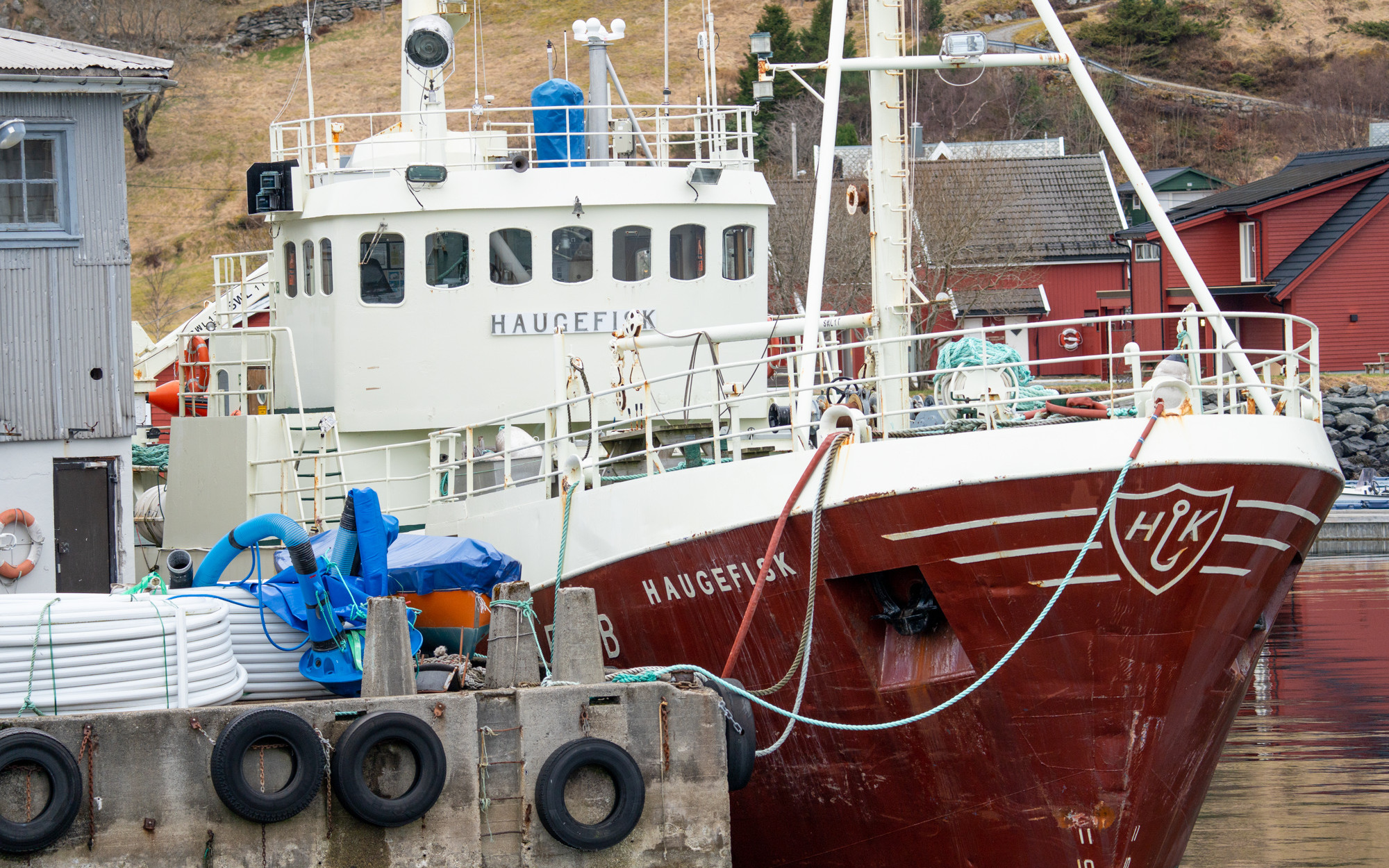 Raud og kvit fiskebåt ligg til kai