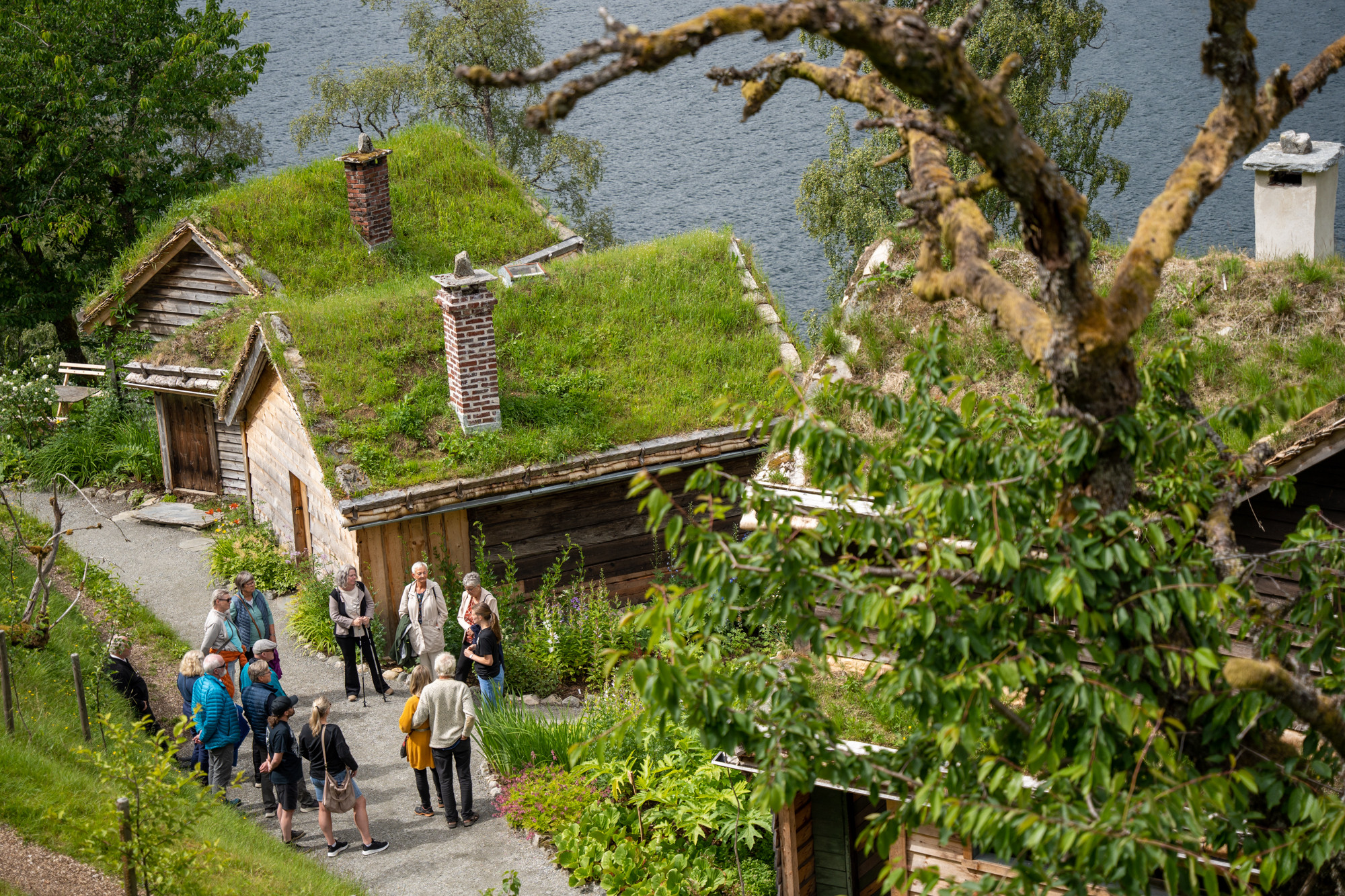 Ein sirkel av folk mellom gamle trebygningar med grastak.