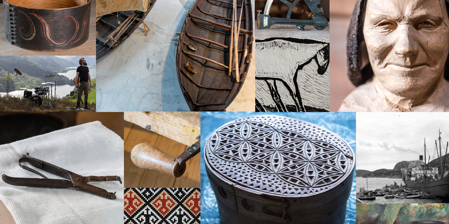 Collage av bilder av gjenstandar, kunst, treskjæring, verktøy.