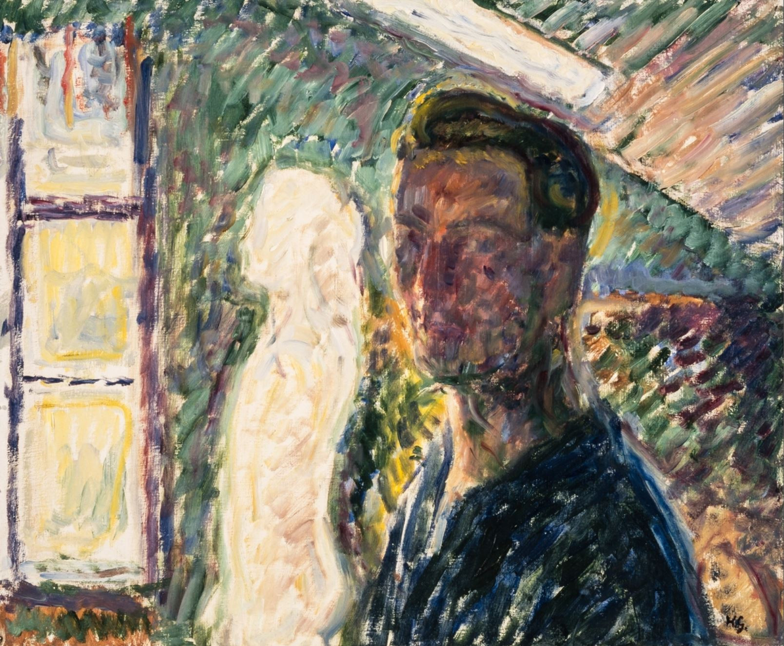 Fargesterkt portrettmaleri i grove penselstrøk av ein mann med ein lys skugge.