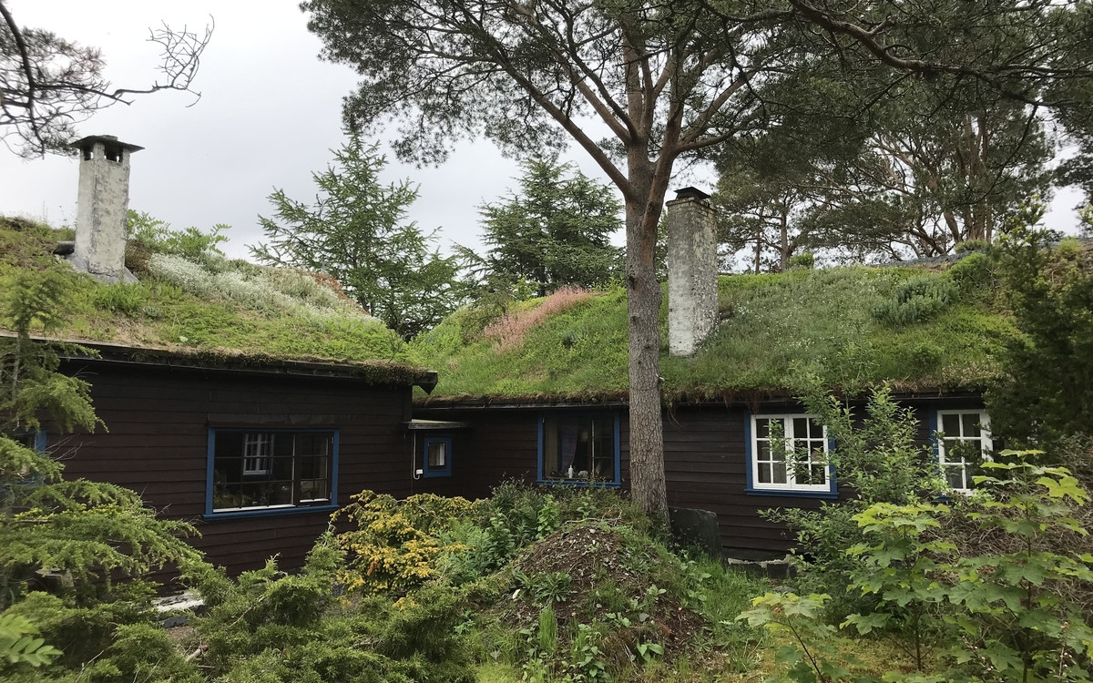 Eit lite brunt hus i ein frodig hage med tre rundt