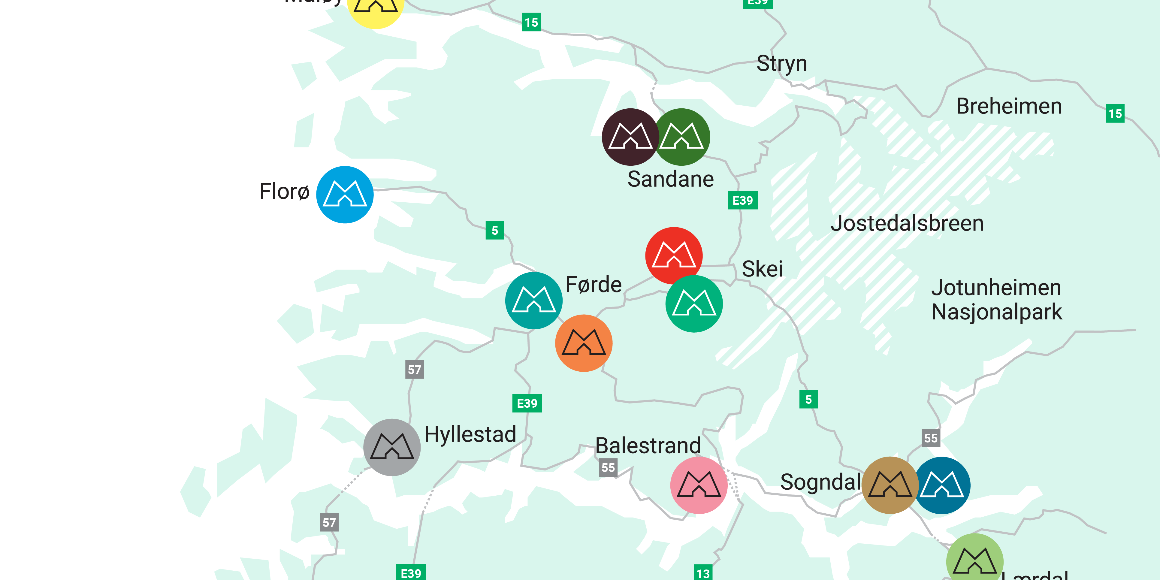 Grafisk kart av Sogn og Fjordane med ein prikk for kvart museum.