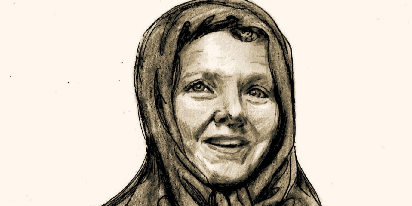 Portrett i blyanttekning, av ei kvinne med skaut. Bondekone anno 1890 -1910.