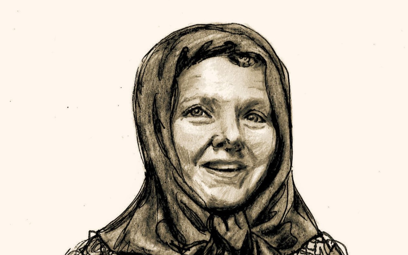 Portrett i blyanttekning, av ei kvinne med skaut. Bondekone anno 1890 -1910