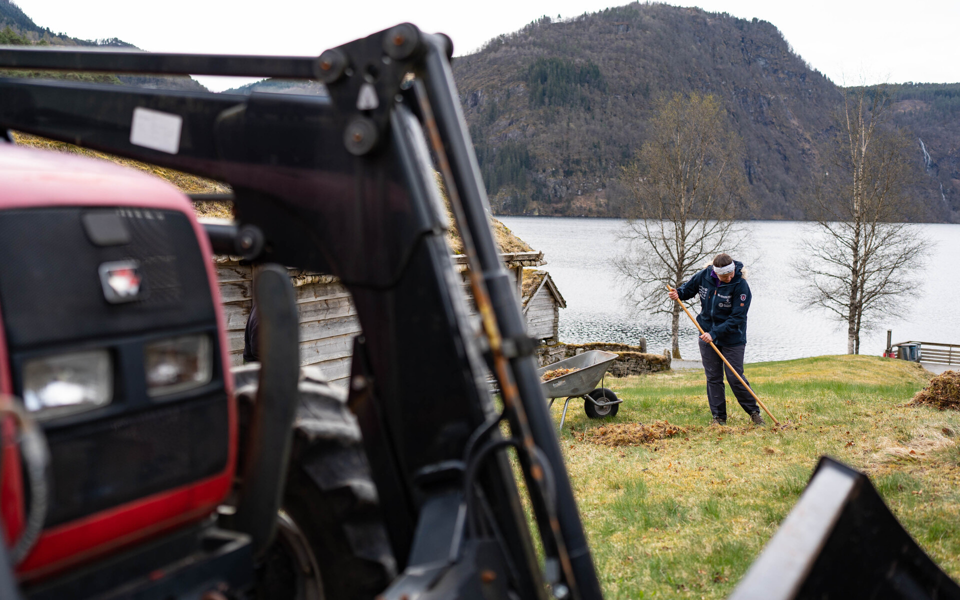 Traktor i framgrunnen. Midt i bilete kvinne i blå jakke som rakar. Ved sidan av ei trillebår. Bak vatn og fjell