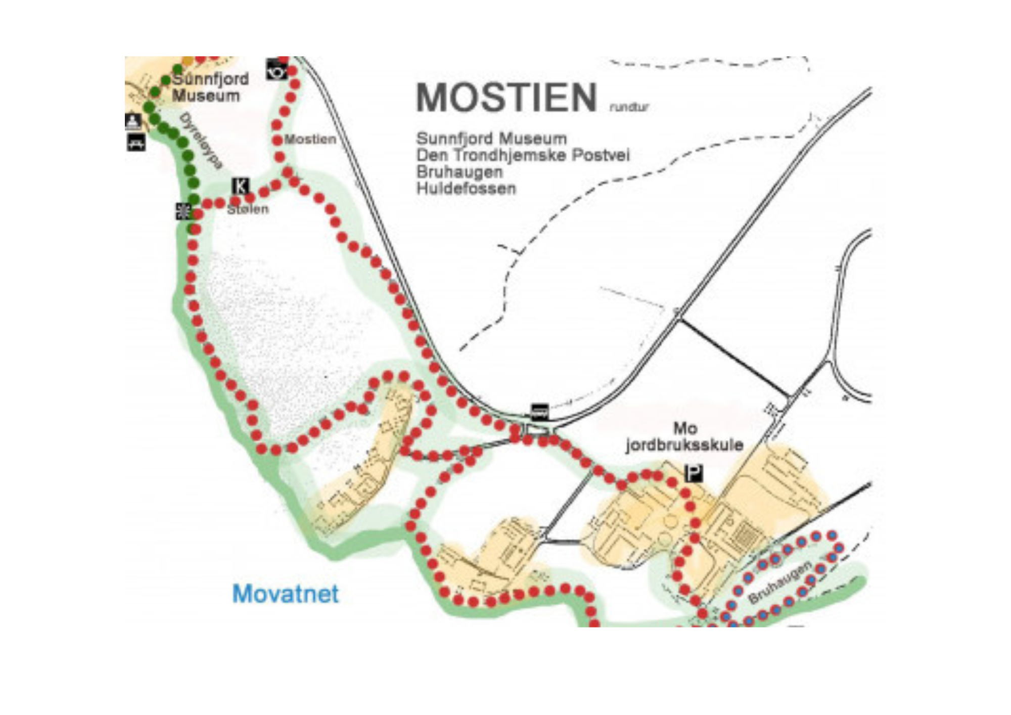 Kart over Mostien som går frå Sunnfjord museum til Mo jordbruksskule. Stien er markert med raude prikkar.