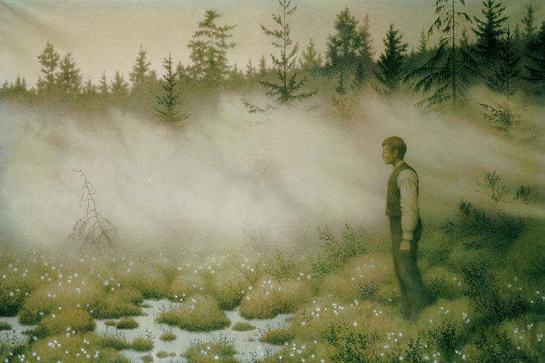 Måleri av Thodor Kittelsen. Ung mann står på ei myr. Det er skodde og skog i bakgrunnen.