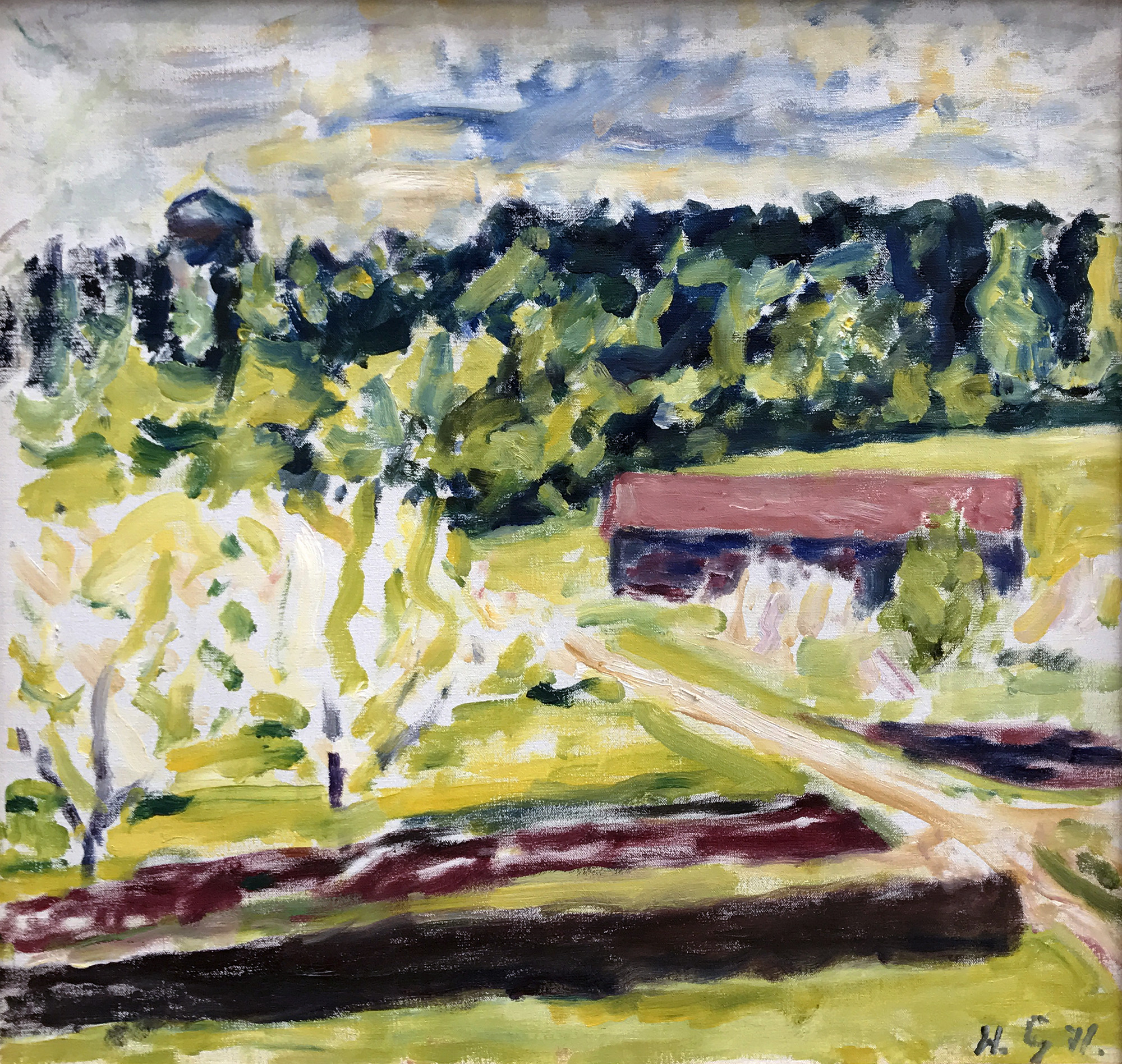 Landskapsmaleri av åker, eplehage, låve, skog.